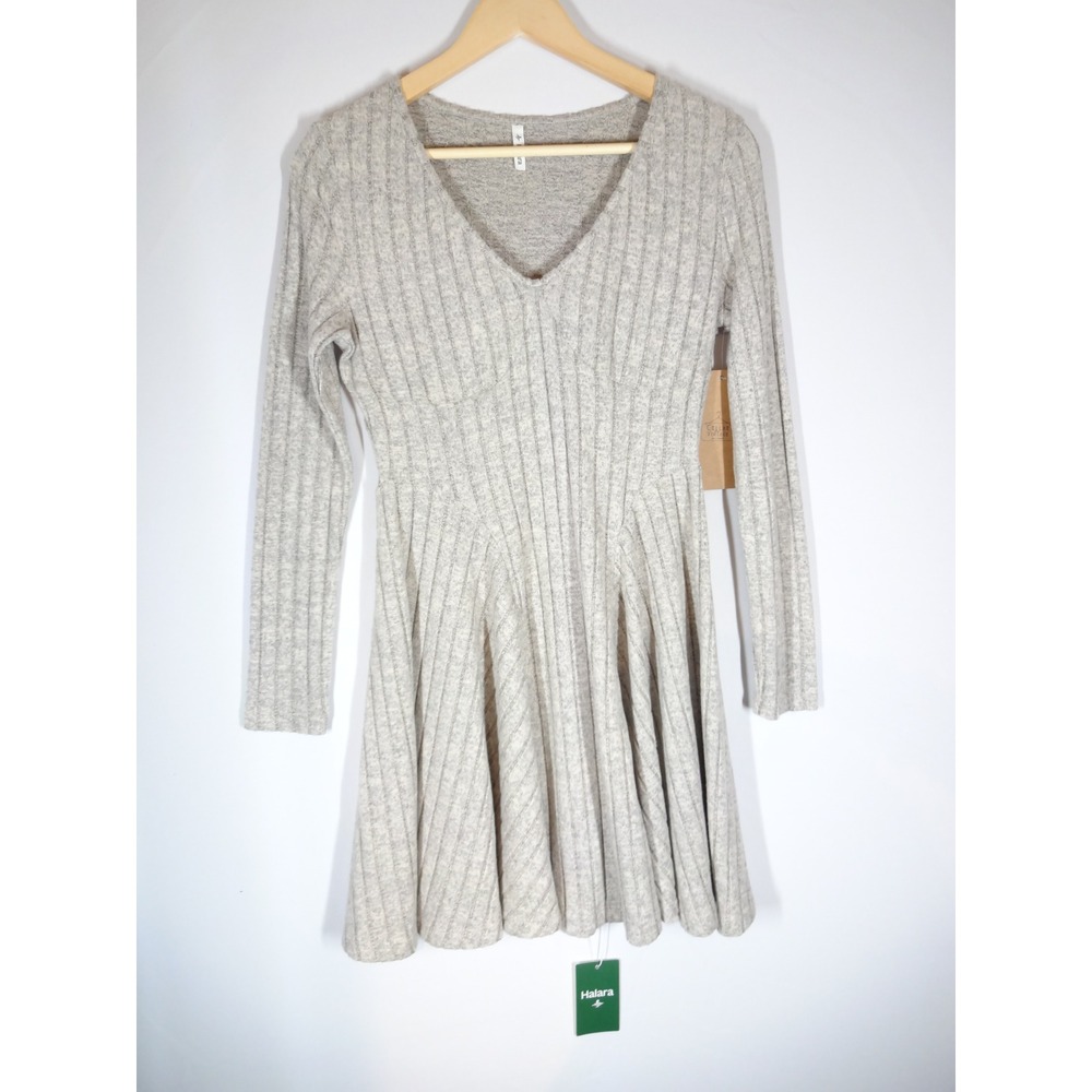 Halara‎ Mini Dress S/M Oatmeal Ribbed Knit Long Sleeve V-Neck Skater Soft Girl